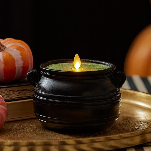 Luminara Flameless Cauldron Frosted Candle for Halloween Decor, 5.7x4.25", Black - Picture 2 of 4